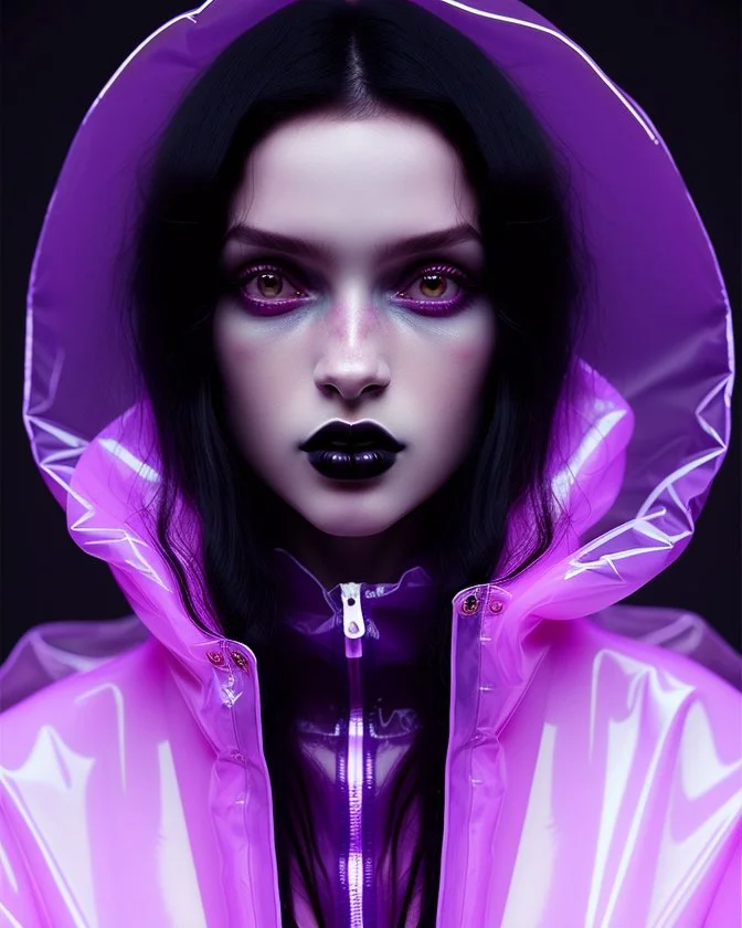 painting by koson ohara and marta bevacqua, portrait of a beautiful goth woman with long black hair, wearing a plastic raincoat, purple neon lighting, 8k, high quality, highly detailed