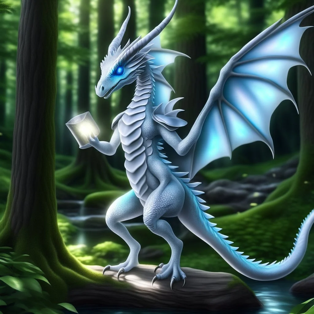 A dragonoid human with silver scales along with a long, flexible tail in a magical forest studying magic