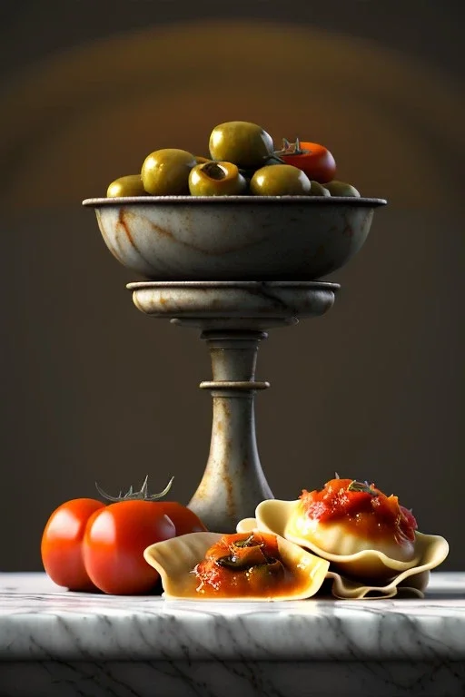 renaissance style still life composite, dish of Raviolis with natural tomato, albahaca, olives, olive oil. moisture, art, natural, ornaments, ceramic, marble, high kitchen, smooth, god rays, unreal engine 5, ray tracing, RTX, lumen lighting, ultra detail, volumetric lighting, 3d.