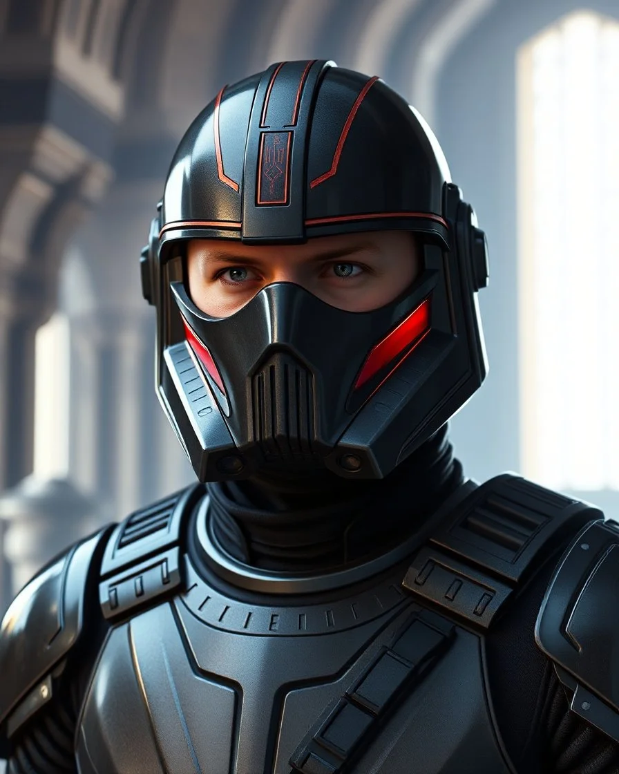 star wars bald male corellian pilot wearing pearlescent black and gunmetal grey First Order special forces heavy assault stealth commando armor and helmet with gold and metallic red trim inside the jedi temple, hyperdetailed, dynamic lighting, hyperdetailed background, 8k resolution, volumetric lighting, light skin, fully symmetric details