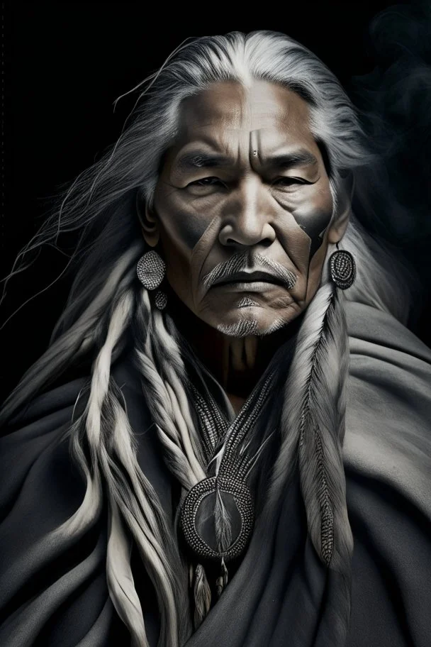 a photo of an Native american indian man with ethnic jewelry, grey hair and grey flowing robe, in style of Annie Leibovitz, contemporary portrait of a mature yet beautiful and modernist man, black and grey, detailed masculine face, swirling fluid smokey enigma, award-winning artwork