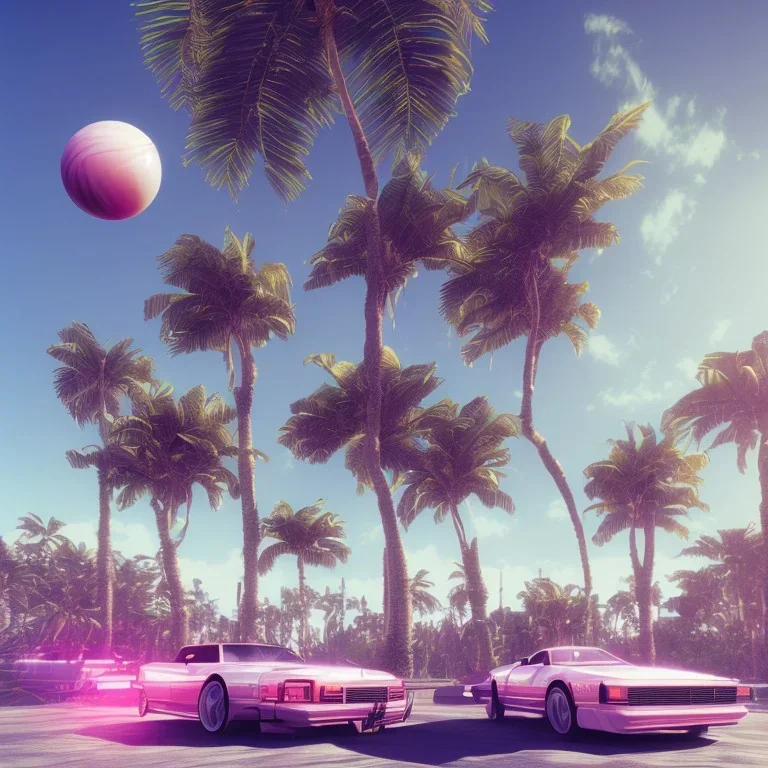 1980's aesthetic vaporwave palm trees and spheres and sports car