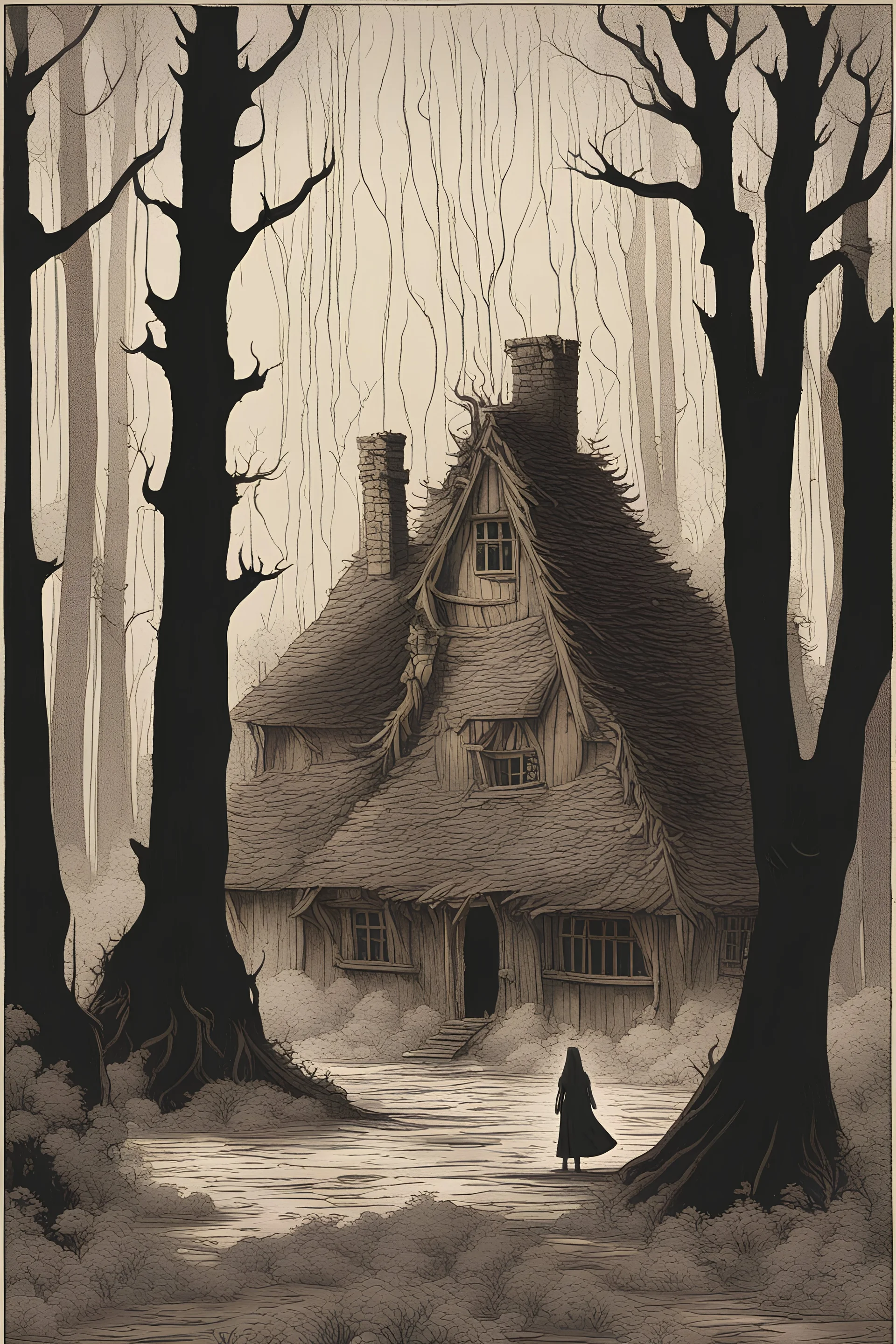 In the heart of a dense, ancient forest, a medieval cottage collapsing and barely visible engulfed in flames, its timeworn timbers crackling and sending plumes of smoke into the sky. In the foreground, a mysterious woman in silhouette stands, the house is melting like candy. the house is engulfed in flames. a woman in a cloak hides behind a tree. it is nighttime.