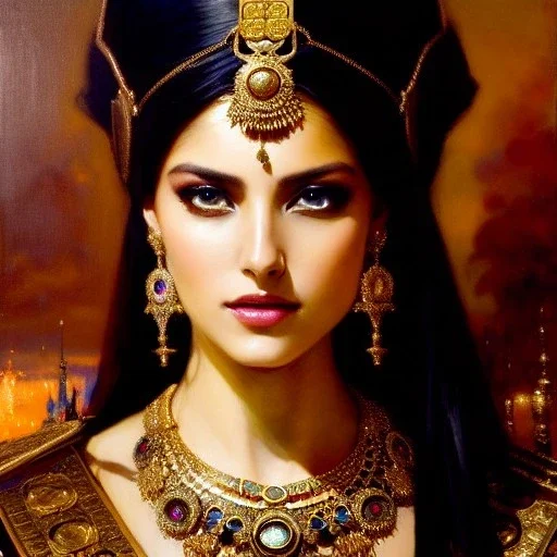 portrait beautiful face queen of Sheba ,busty,medieval metal armor balanciaga fashion clothe painting by gaston bussiere, greg rutkowski, yoji shinkawa, yoshitaka amano, tsutomu nihei, donato giancola, tim hildebrandt, oil on canvas, cinematic composition, extreme detail,fit full head inside picture