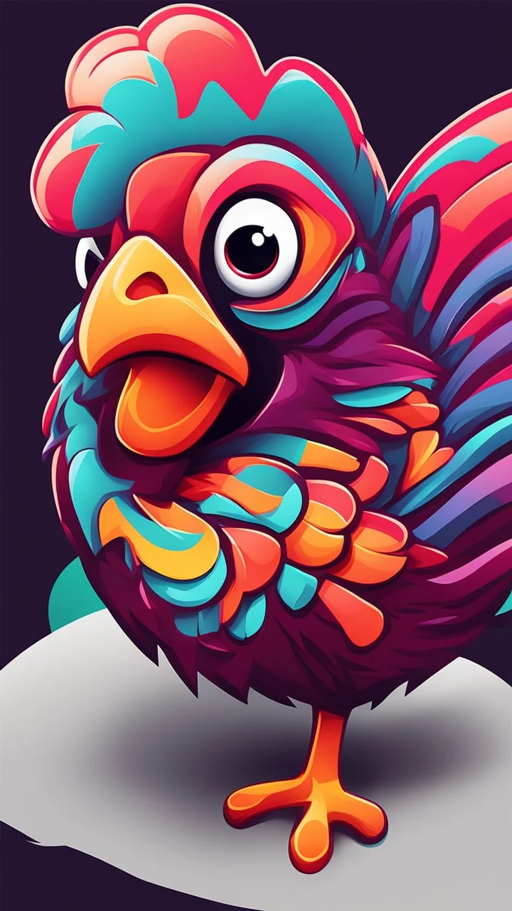 Design a vibrant, gaming-influenced logo of a chicken, featuring bright colors and a dynamic lighting scheme. Incorporate abstract shapes and textures to create an eye-catching composition.