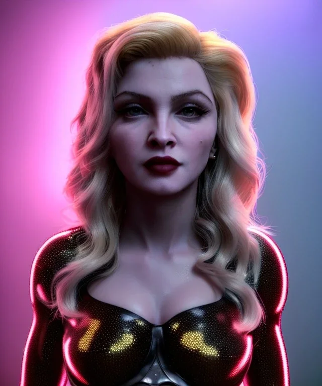 Young Madonna, blonde, long line eye, pretty cyber woman, Led lights, cold ambient, latex, cables, purpurin, black, gold, piercings, brown, circuits, neon style, fog, rain, vibrant color, highly detailed, art stations, concept art, smooth, unreal engine 5, god rays, ray tracing, RTX, lumen lighting, ultra detail, volumetric lighting, 3d, finely drawn, high definition, high resolution.