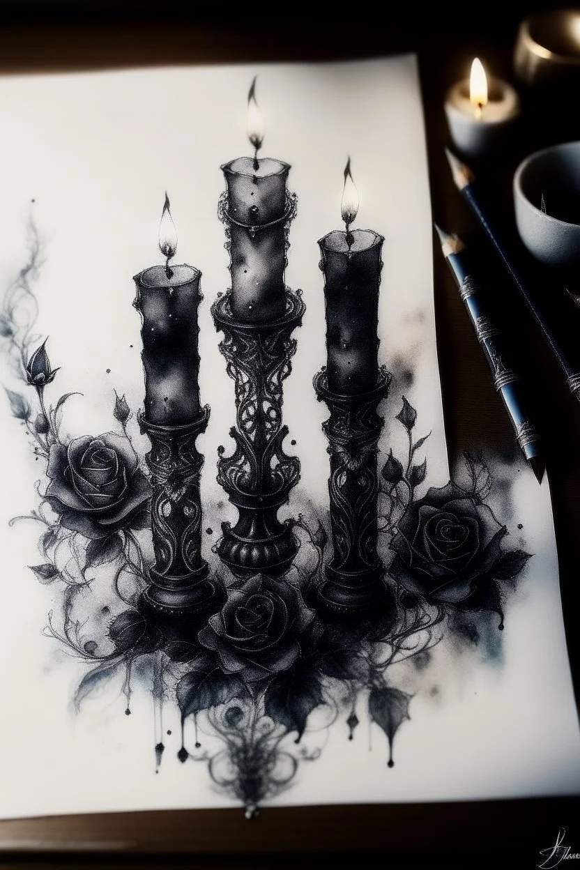 watercolor drawing with Gothic black candles, black lace, pearls, black roses on a white background, trending on Artstation ::{creative commons}:: Illustration :: Color correction:: Filmic, Nikon D750, Brenizer Method, Perspective, Depth of Field, F/ 2.8, Lens Flare, Tonal Colors, 8K, Full-HD, ProPhoto RGB, Perfectionism, Frame Illumination, Natural Lighting, Soft Backlight