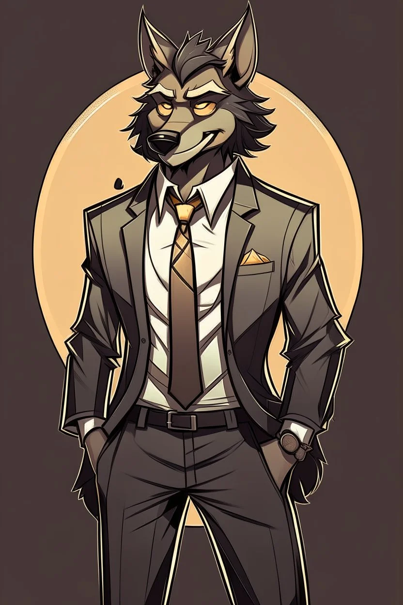 Buff, anthro, wolf, himbo, black fur, gold eyes, wearing a suit, full-body