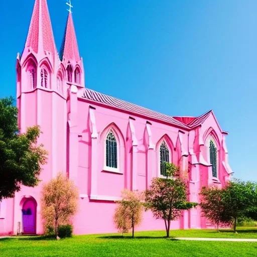 concept art, concept design, decor, cathedral church building with pink walls, church exterior, pink exterior, aesthetic, countryside landscabe bqckground, natural blue sky