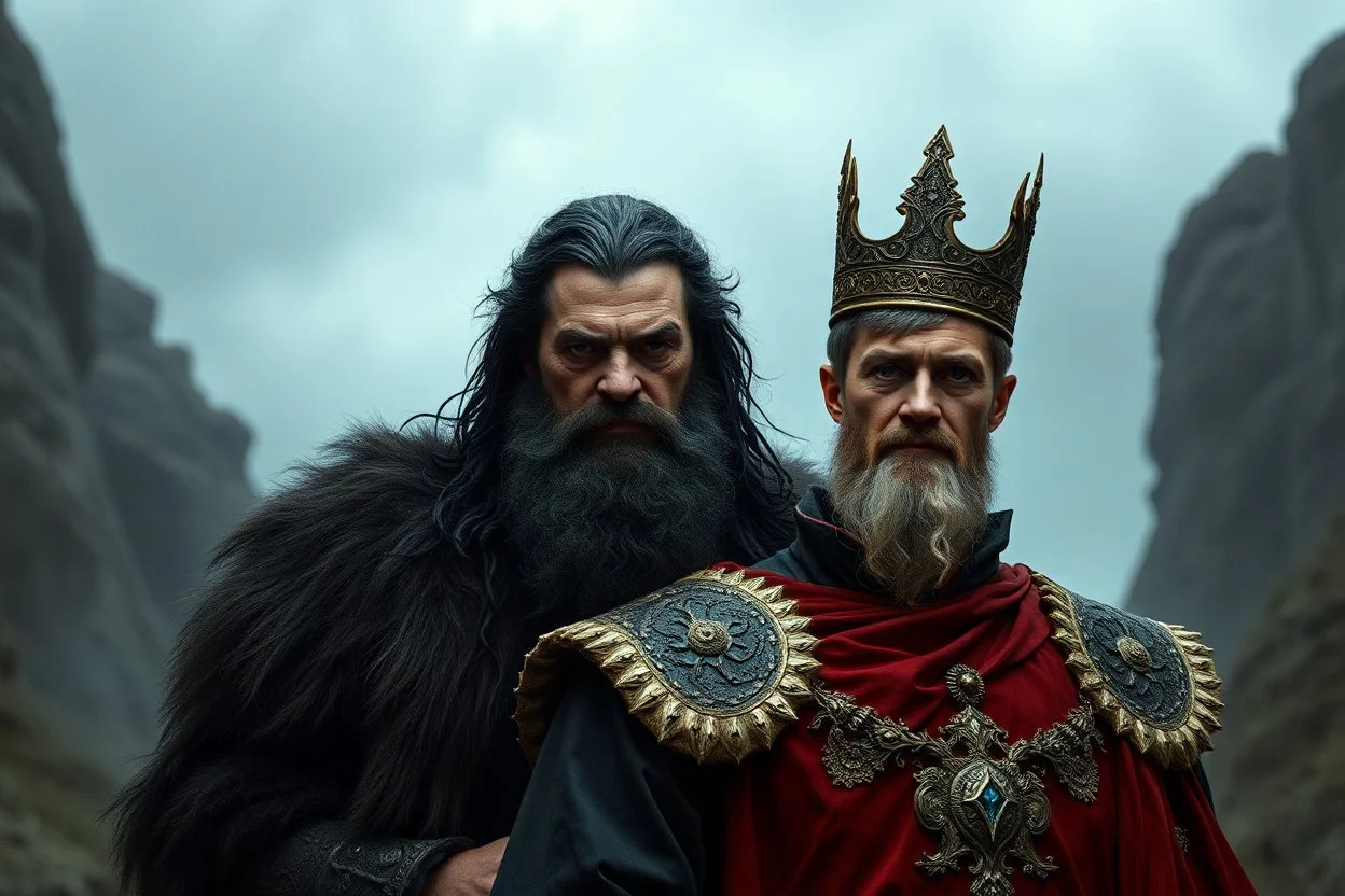 Portrait of Grima Wormtongue and his son standing behind the king.