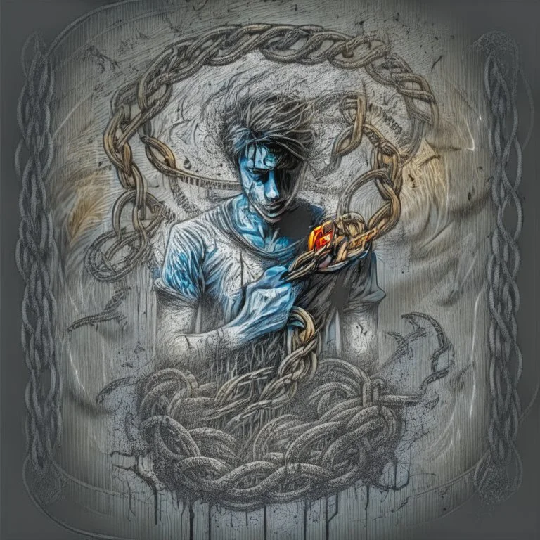 Generate a sketch that depicts a trapp in the clutches of addiction, with visual elements symbolizing the allure and dangers of substance abuse, such as dark shadows, chains, or swirling vortexes