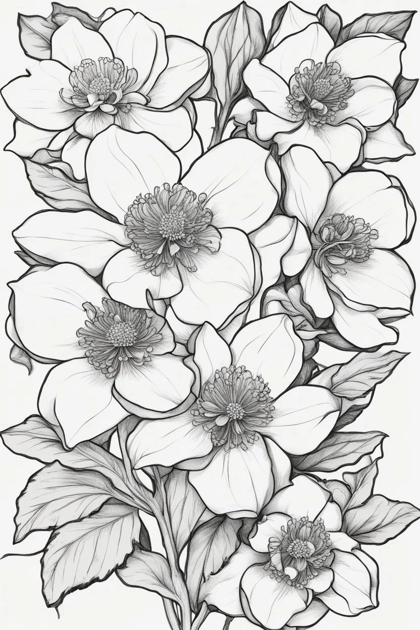 outline art of(Helleborus) only black and white, no colour , White background. sketch style, clean line art, white background, no shadow and clear, no people, no colour, for book