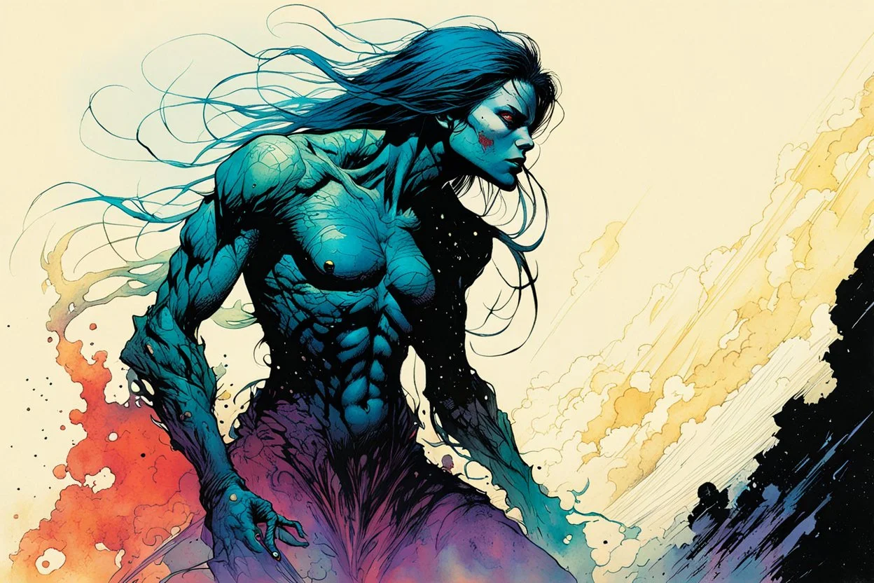 create an imaginative full body print illustration of an ethereal, otherworldly female Striga monster, in the comic book art style of Bill Sienkiewicz, Mike Mignola, and Jean Giraud Moebius, with highly and finely inked