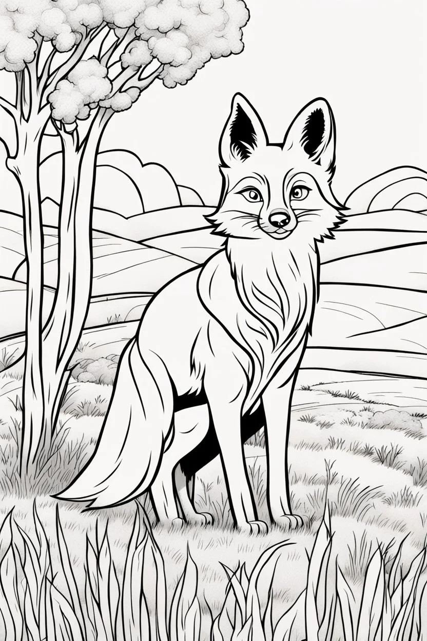 kids coloring page, fox in a field, cartoon style, thick lines, very low detail, no shading