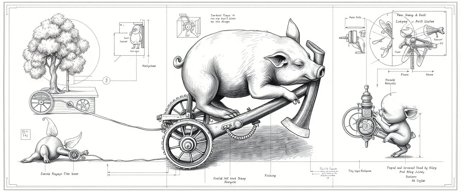 giger da vinci drawing ,put a tree crying oink the picture ok? we see a pig in action chopping down trees with the lumbotron, isometric blueprint of hi tech metal gear Gnome invention, winning prize at gnome convention, The Lumb-O-Tron A jury-rigged combination of a cart, pulley system, and an axe designed to chop down trees. The motion is powered by {a yoga pig in a wheel treadmill spurred by a carrot on a stick | a crude stationary bicycle | a tiny steam engine heated by a red pseudodragon