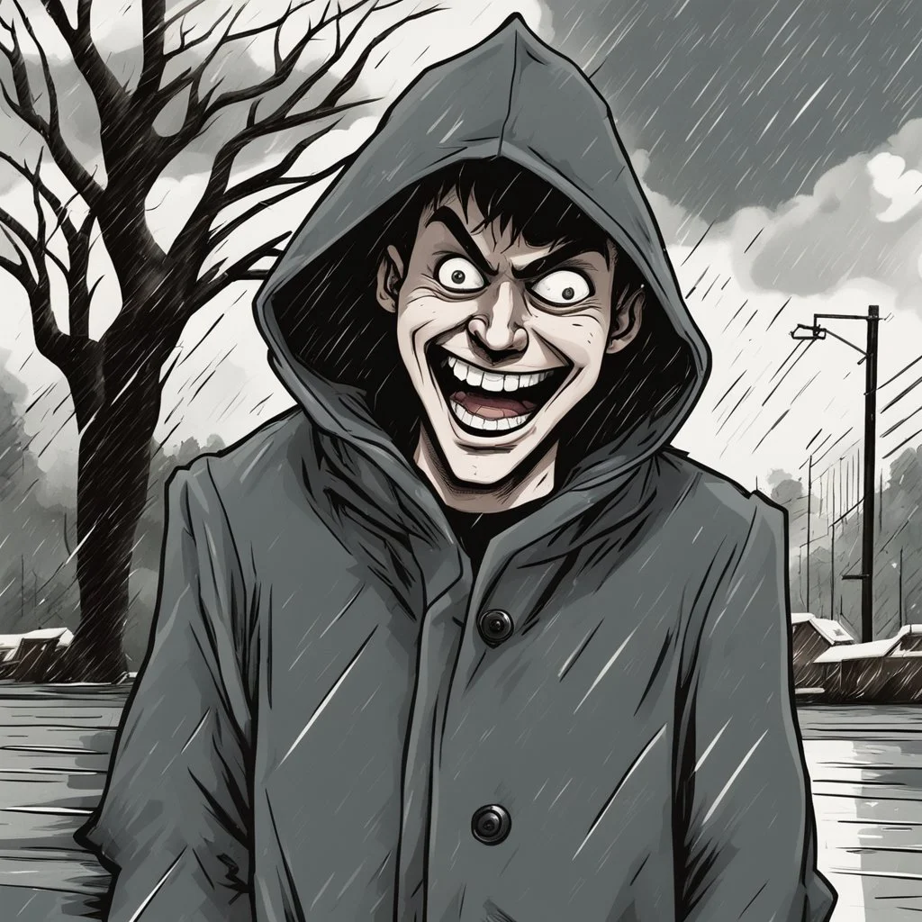 a closeup of a psychopathic young man with white eyes in a heavy coat and hood during a rainstorm laughing cartoon