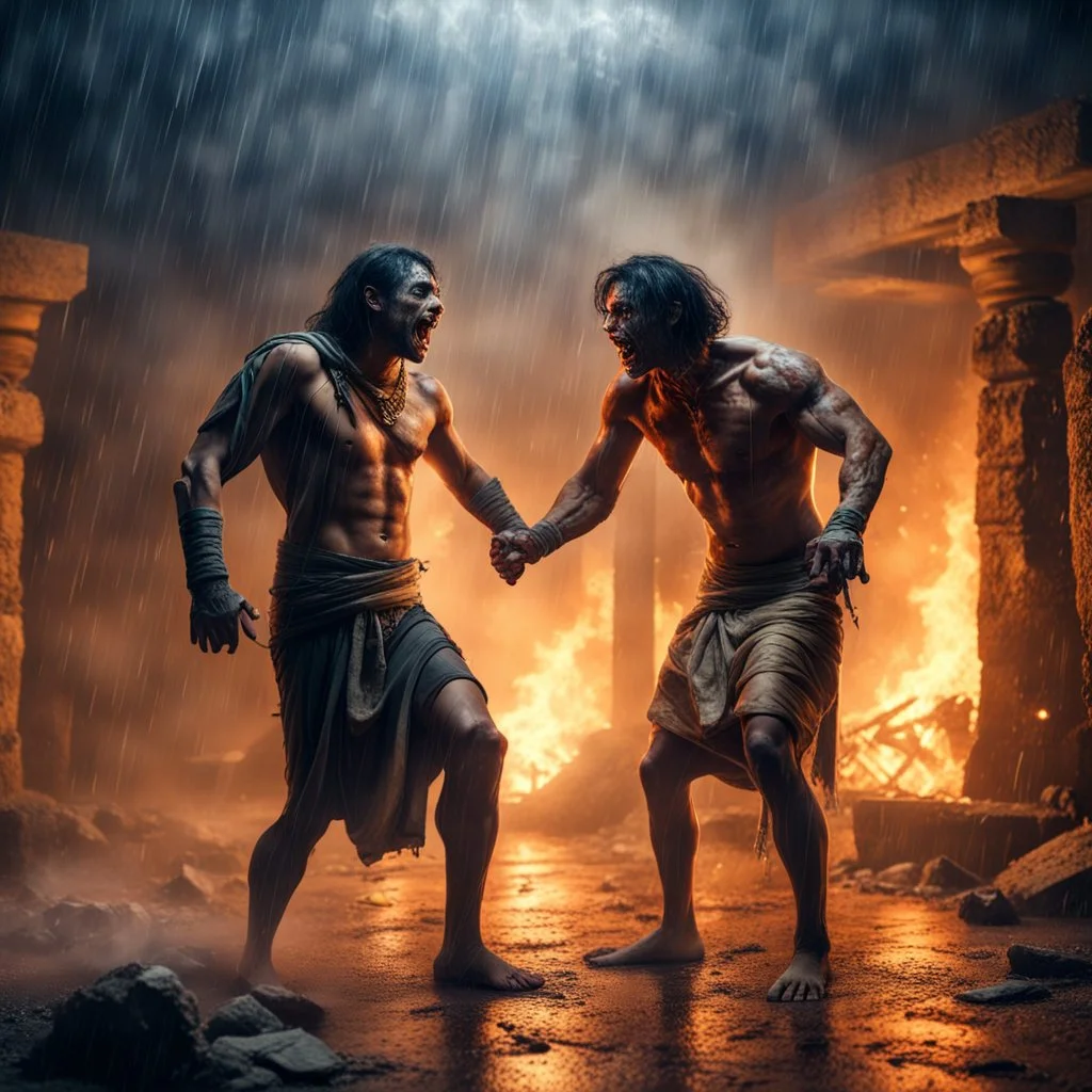 Hyper Realistic fight between Egyptian Mummy & a Muscular handsome male zombie in a heavy rainy night inside a burning pyramid