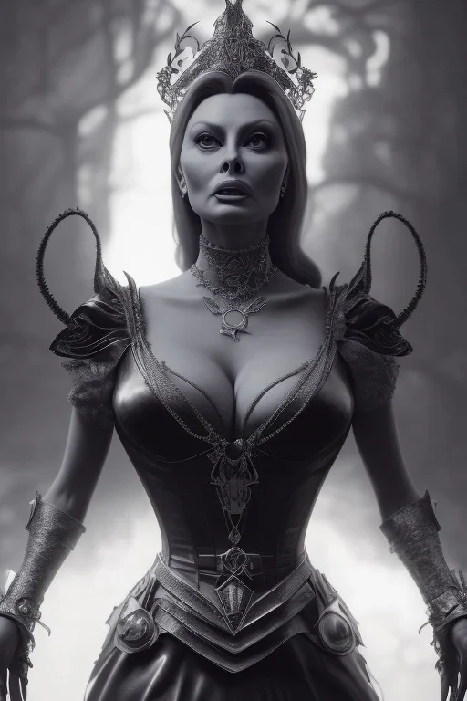 Sophia Loren as evil queen in black leather, cleavage, angry, stern look. character design by cory loftis, fenghua zhong, ryohei hase, ismail inceoglu and ruan jia. unreal engine 5, artistic lighting, highly detailed, photorealistic, fantasy