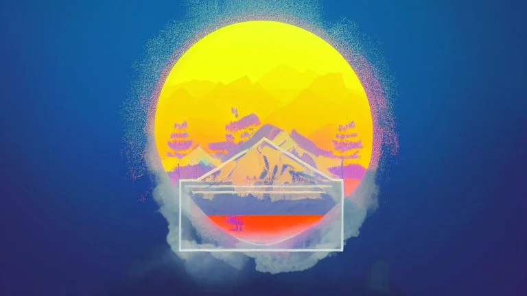 subject=(yeti), background=(mountains, alberta, forest fires, burning), time=(sunset), style=(vaporwave), effect=(smoke, plumes)