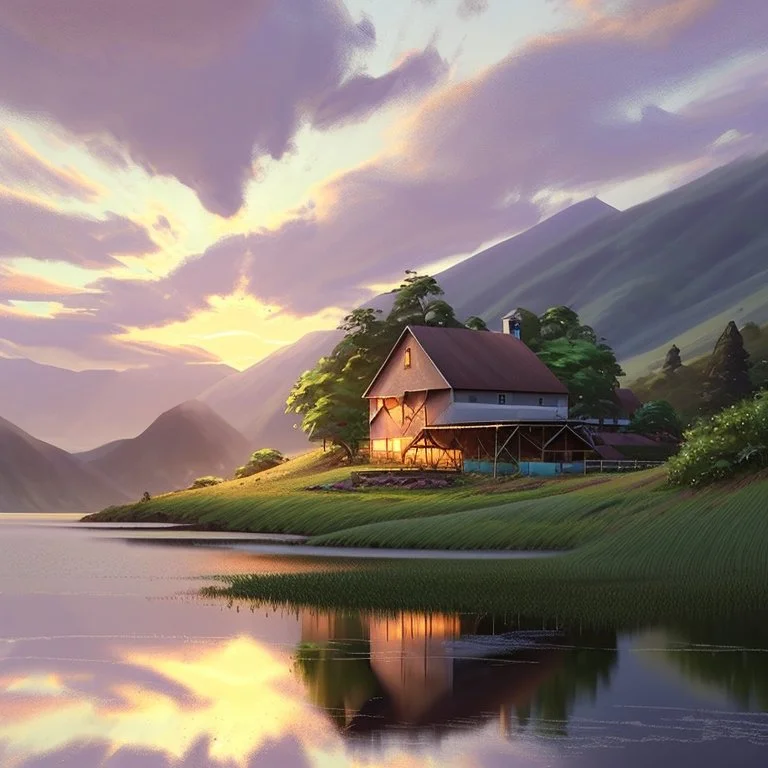 An exquisite oil painting capturing a dreamlike paradise, with a charming little farmhouse nestled by a calm lake. The farmhouse, with its rustic appeal, contrasts against the serene water, surrounded by a lush, verdant forest and rolling hills. The background unfolds into a dramatic landscape, featuring towering mountains and a stunning sunset sky that casts warm, vibrant hues across the scene. The artist's mastery is evident in the seamless blend of traditional oil painting techniques with the