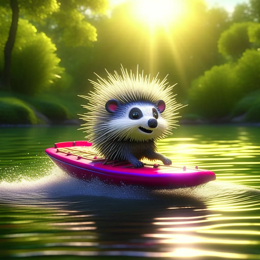 cute blessed chat elf porcupine speeding in a rubber boat in the river,catching a big fish in a river stream, 8k, downlight, soft light, depth of field, photorealism, trending on art station, lotsa detail