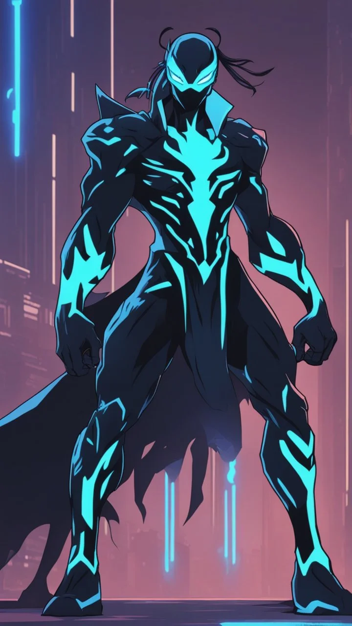 Mix between genji and venom symbiote in solo leveling shadow style with neon glowing blue