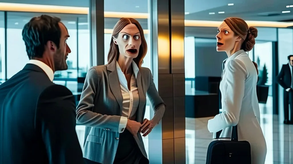 creepy man flirting with scared woman at entrance of exclusive airport lounge