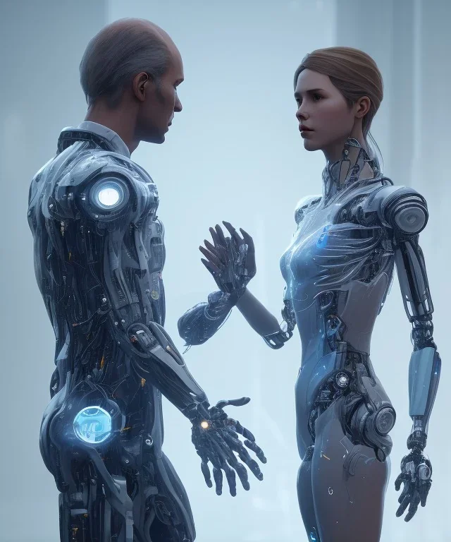 detroit become human, man, young women robot looking at each other, real Handshake with both hands, sci-fi fantasy style, volumetric lighting, particales,highly detailed,cinamatic, deep colours,8k.