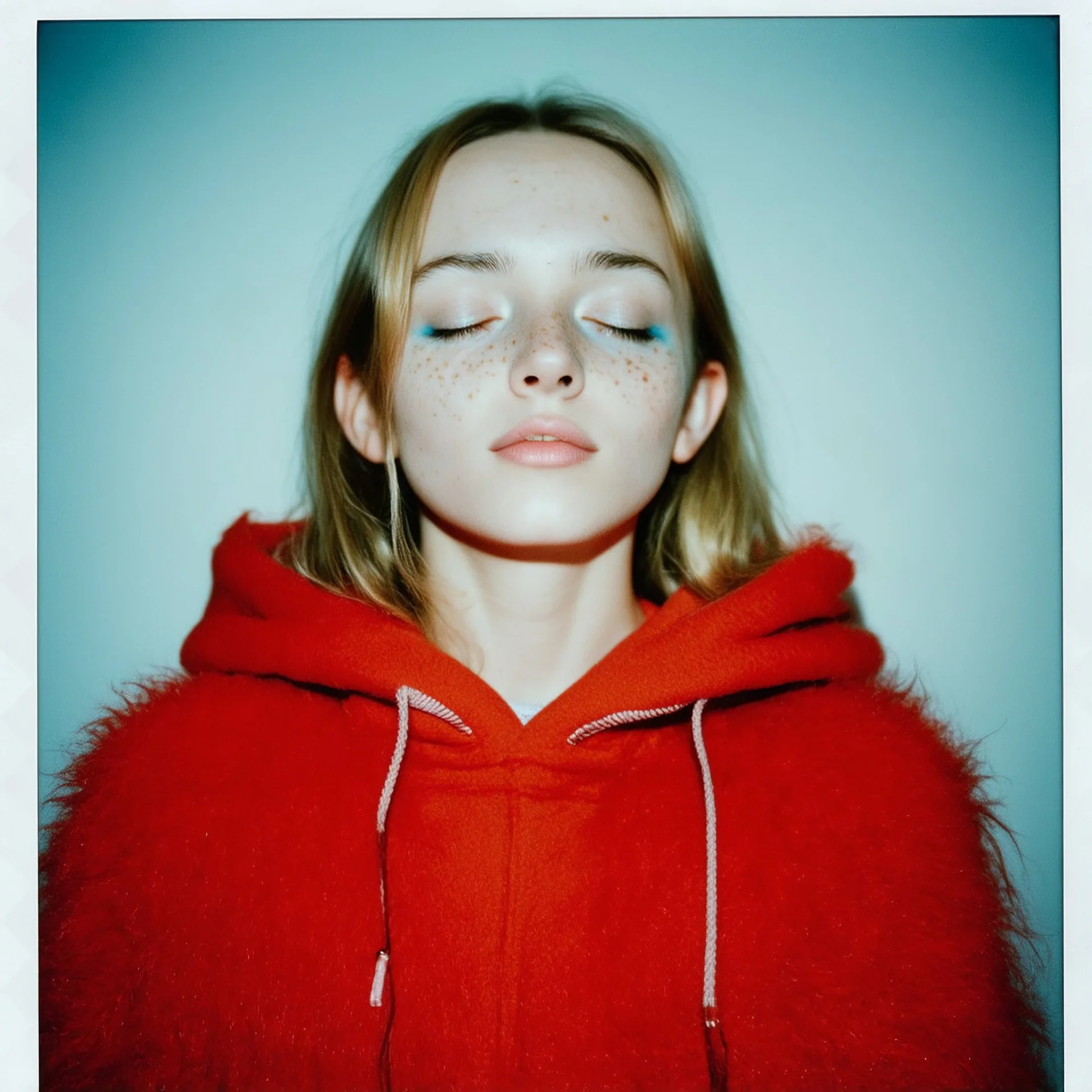 Lily rosedepp,avec un long pull a capuche en angora rouge jusquaux, polaroid, elle a les yeux fermés et les joues bleues, , des grains de beauté, autochrome