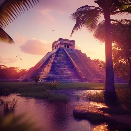 Chichen Itza, sunset, rainbow sunset, waterfall, palms, twigs, spring, sunset rainbow, bridge flying birds, unreal engine 5, cinematic lighting, realistic, hyper detailed, 8k, octane render