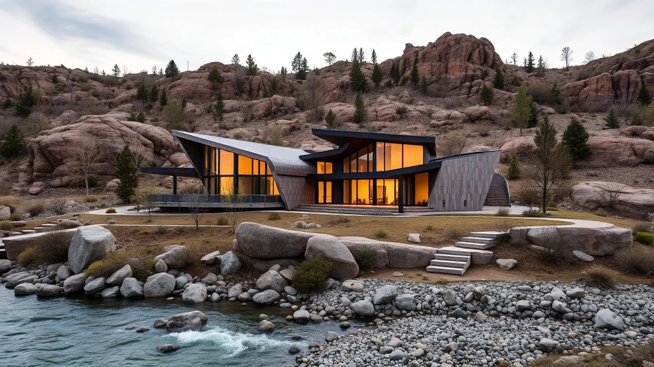 A single-family home inspired by the architecture of Frank Gehry, situated in a rocky landscape next to a peaceful river. Designed to blend into the rugged terrain with a balance of geometric shapes and natural surroundings.