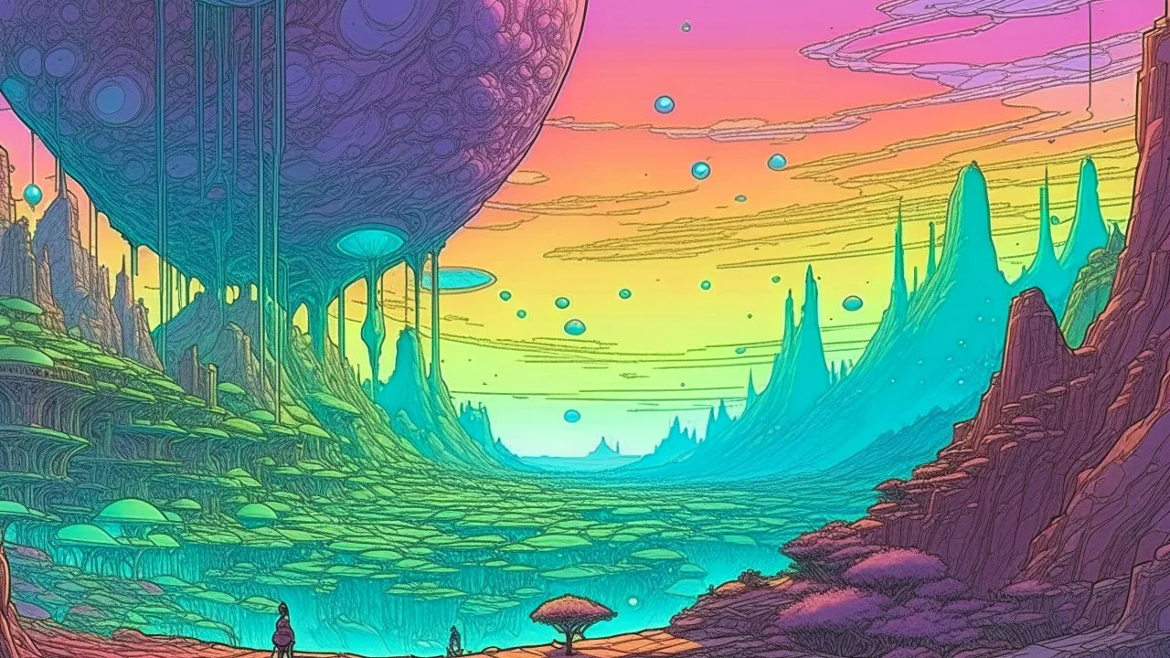 "Visualize an alien world, illustrated in the unmistakably surreal yet intricate Moebius comic style. Imagine extraterrestrial landscapes teeming with unknown flora and fauna, brilliant hues that dare to redefine the color spectrum, and architectural anomalies defying the laws of physics. This is not just a backdrop, but a living, breathing entity converging on the canvas of our imagination."