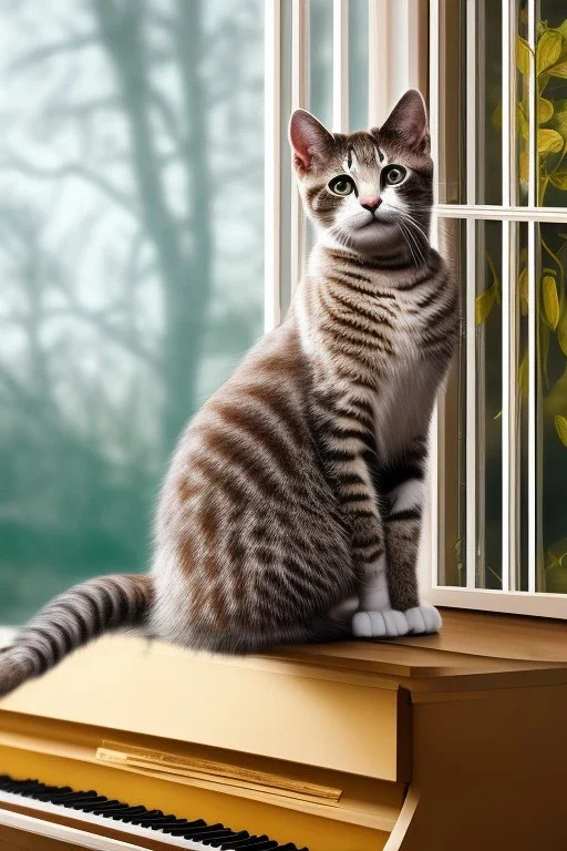 A young beautiful cat, is sitting on a piano, window behind with sight of Vienna