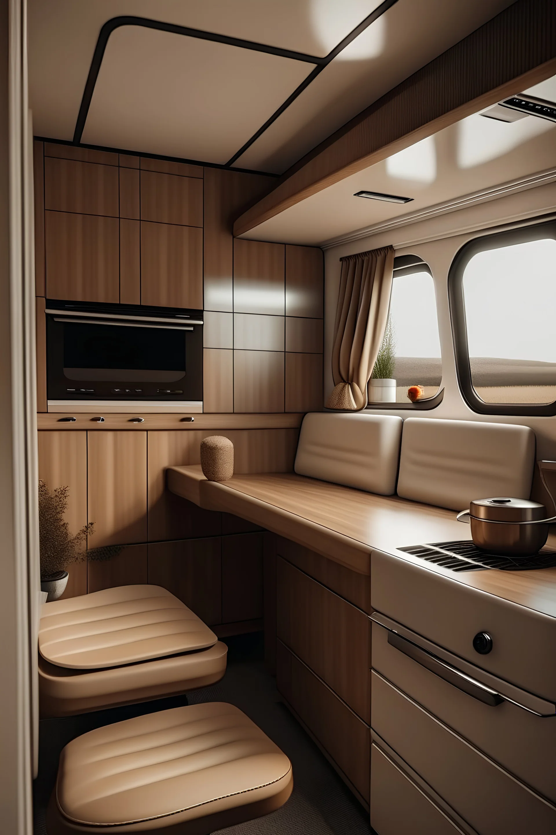 Create the interior of a van with wooden countertops, cabinet handles in cappuccino brown leather, warm white cabinets, brown leather seats in a cappuccino shade, and light flooring. The style should be cozy like a home, with a bed at the back, a bathroom built into the right wall, and a small kitchen on the left.