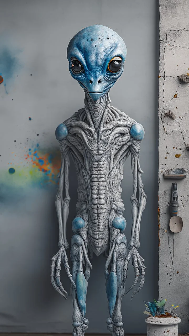 a beautiful gray alien body details standing by a wall front view scared