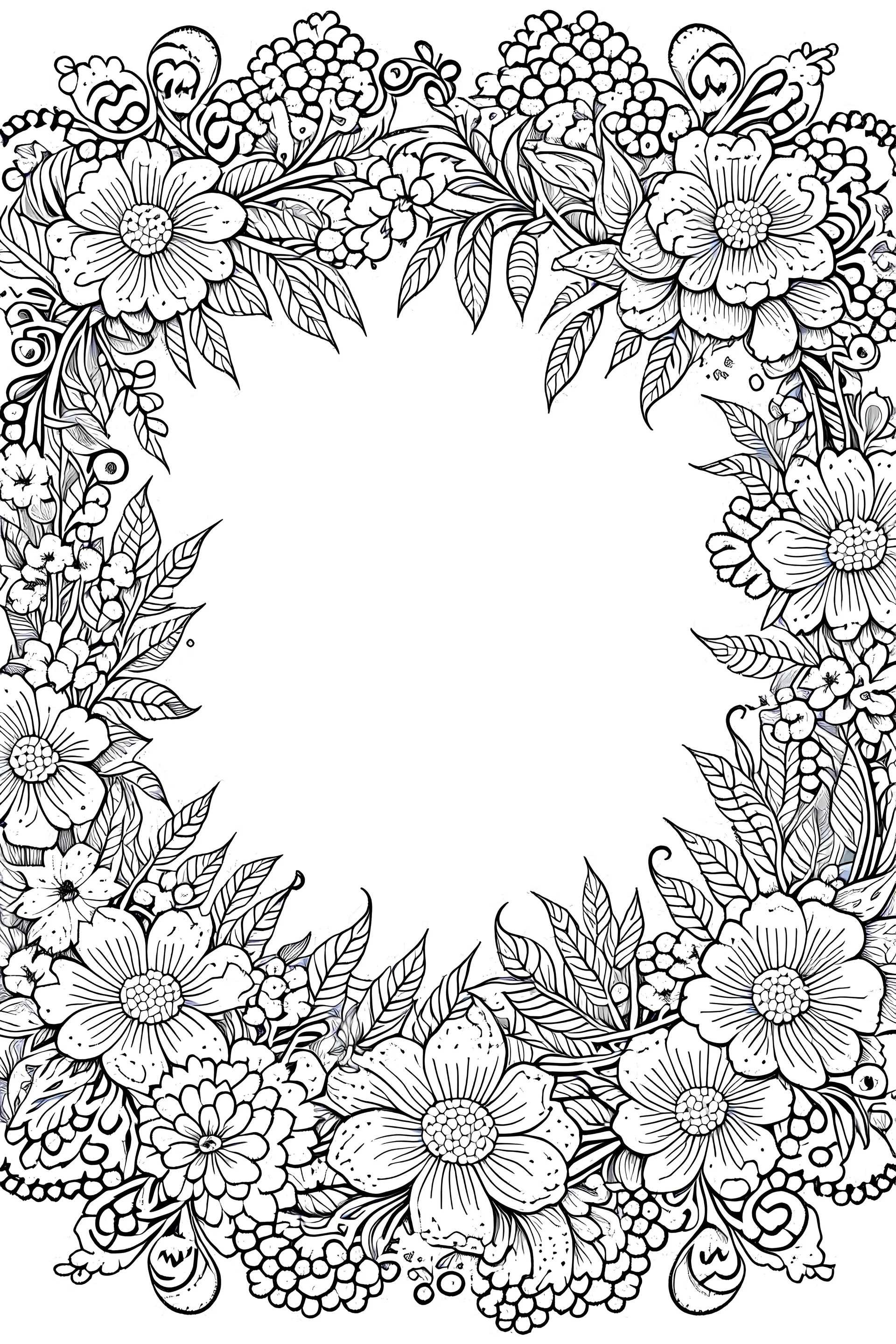 black and white beautiful thin frame made out of flowers for coloring pages, go all the way to the edges for the frame and leave a lot of space in the middle of the page, use only black and white, clear crisp outlines, no black background, go all the way to the outer edges of the page, use more space in the center of the page, make it rounder, use less shading, use more space in the center of the page, widen the frame, open up frame, more flower