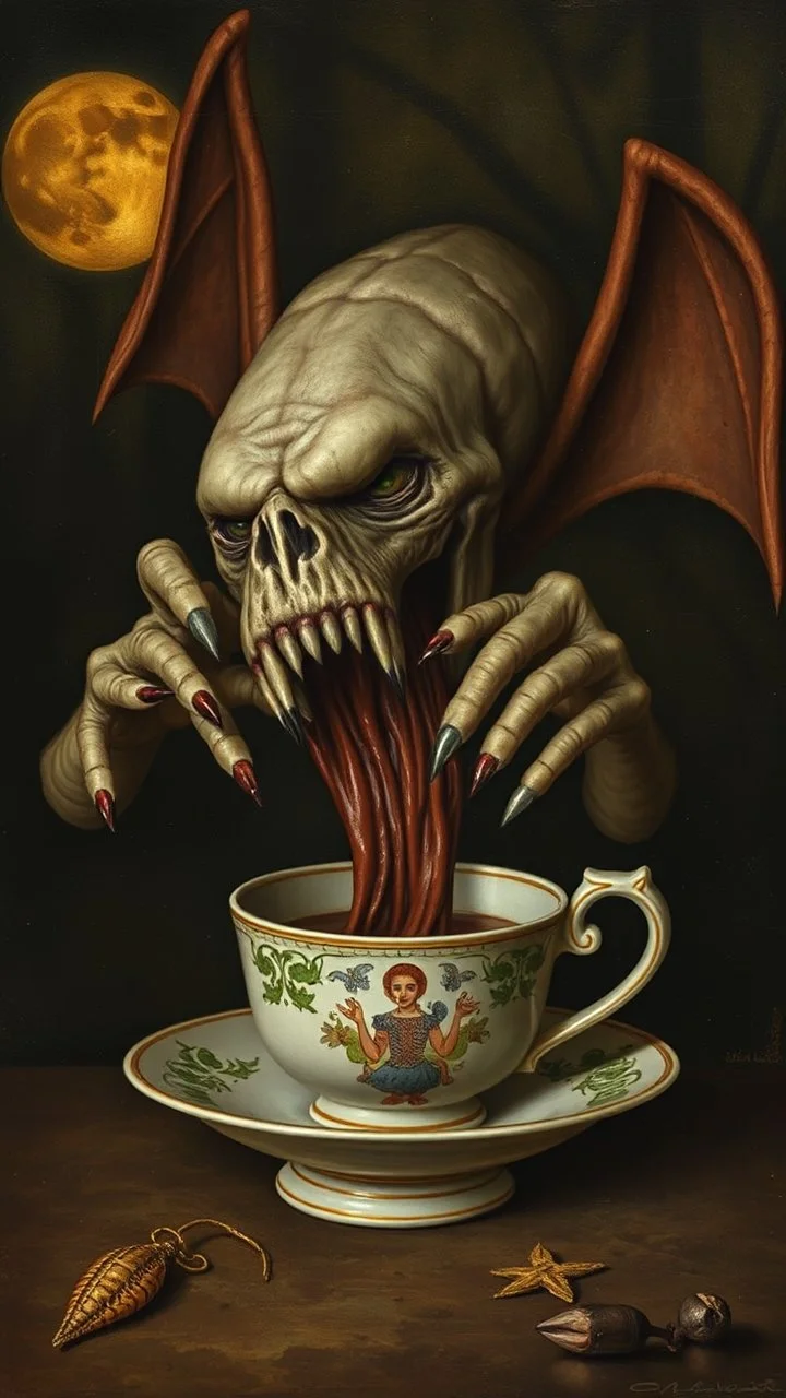 Hieronymus Bosch style nightmares tea cup