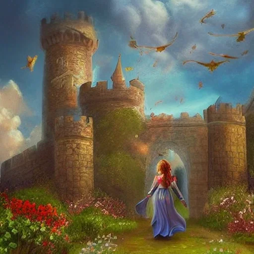 Epic Castle into sky, with flowers. Huge clouds and birds. Shy running girl going out of the main gate. Detailed painting, sharp color, medieval, intricate detail, far sceen, realistic colors, medieval concept art. Spring. Burning flames onside.