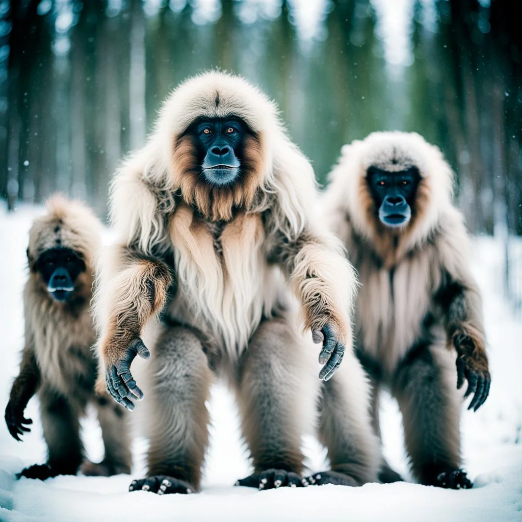 Album cover for a post rock band, close up documentary photography, Baby Yeti, young curious Bigfoot, scientist, Dystopian, Hyper detailed, realistic fur, Japanese, Extreme depth of field, bokeh blur, winter, blizzard, Alberta, all-natural, in the style of candid, imperfection, natural lighting, Professional shot, shot on Agfa, Fuji Film, Anamorphic lens, 1990s, --ar 4:5 --w 150 --style raw