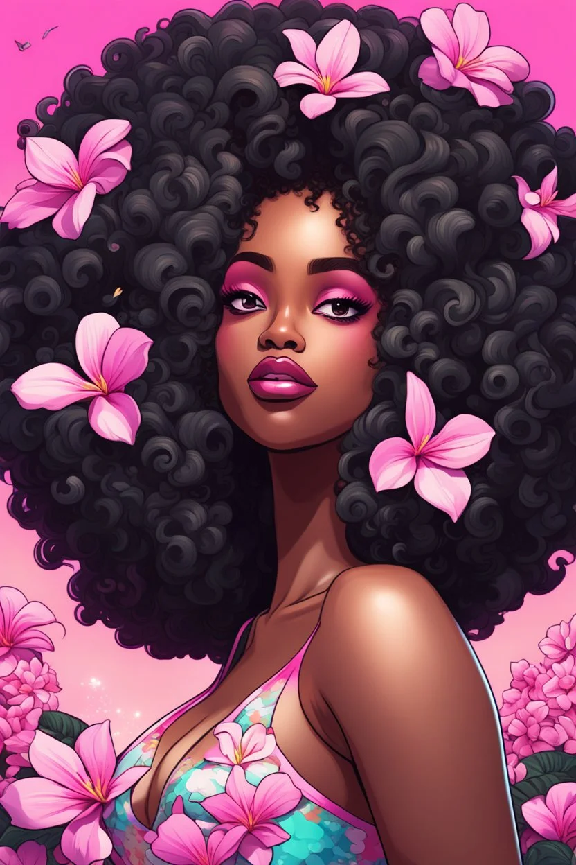 create a psychedelic digital enhance cartoon art style image with exaggerated features, 2k. cartoon image of a curvy size black female looking off to the side with a large thick tightly curly asymmetrical afro. Very beautiful. With pink and white plumeria flowers