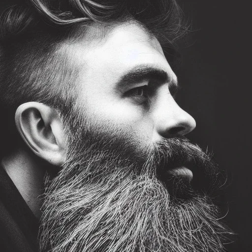 moody charcoal side profile portrait of a bearded man, smudged charcoal, side on profile, charcoal portrait, artistic black and white profile portrait, delicate, highly detailed, chiaroscuro, beautiful composition, delicate arrangement, aesthetic, soft lighting, tender