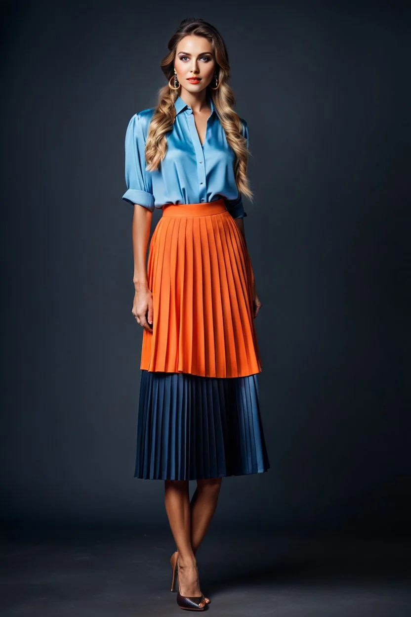 full body of very beautiful lady midi blue pleated skirt and orange bluse , Braided hair ,standing idle happy pose in studio pretty makeup,dark background