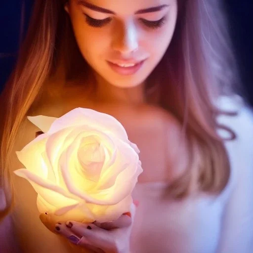 luminous rose in moonlight glow being held by a gorgeous woman