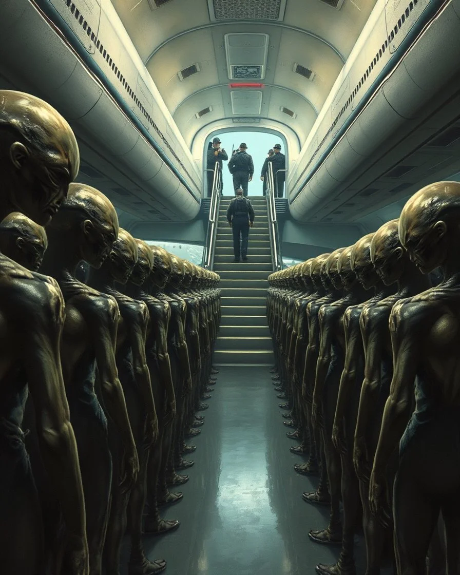 Bosch painting style ,nightmare, a lot of aliens prisoners in rows with hands tight to the back and heads down are taken to a stair of a commercial airplane arms surrounded by guards with in the background