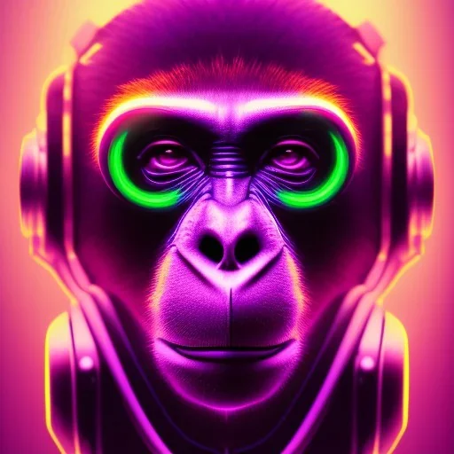 A beautiful portrait of a cyborg monkey purple neon color scheme, high key lighting, volumetric light high details psychedelic background