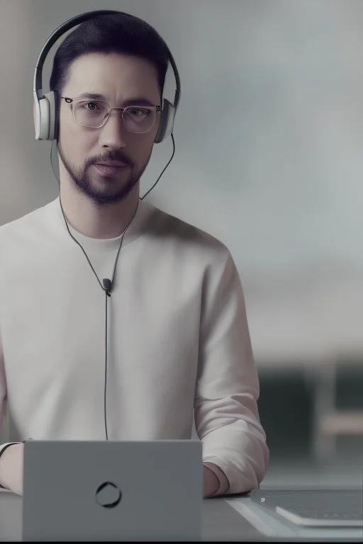 A simultaneous interpreter is sitting at a table with headphones with a microphone on his headphones at a foreign briefing, the background is blurred, everything is in pastel colors,