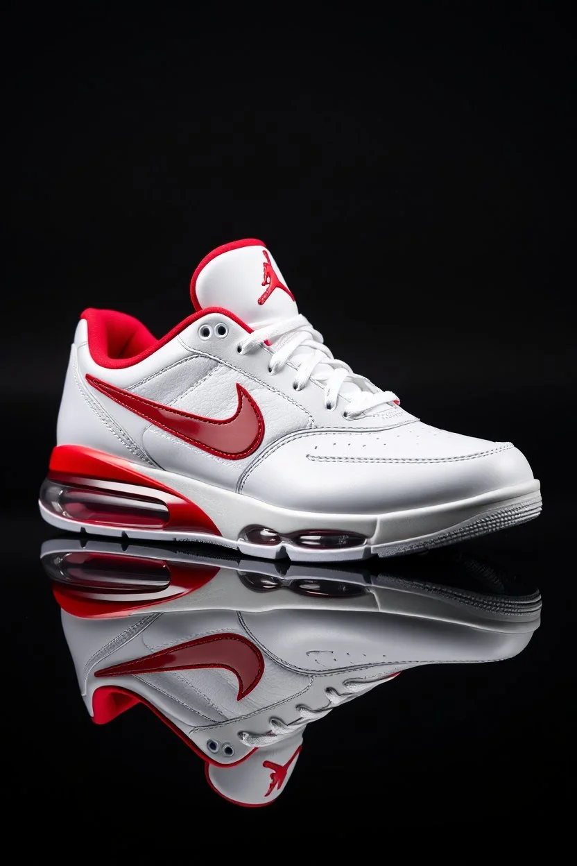 sneakers nike, air max jordan white and red, shinning colors, nice fashion, black background and reflectors, high quallity render