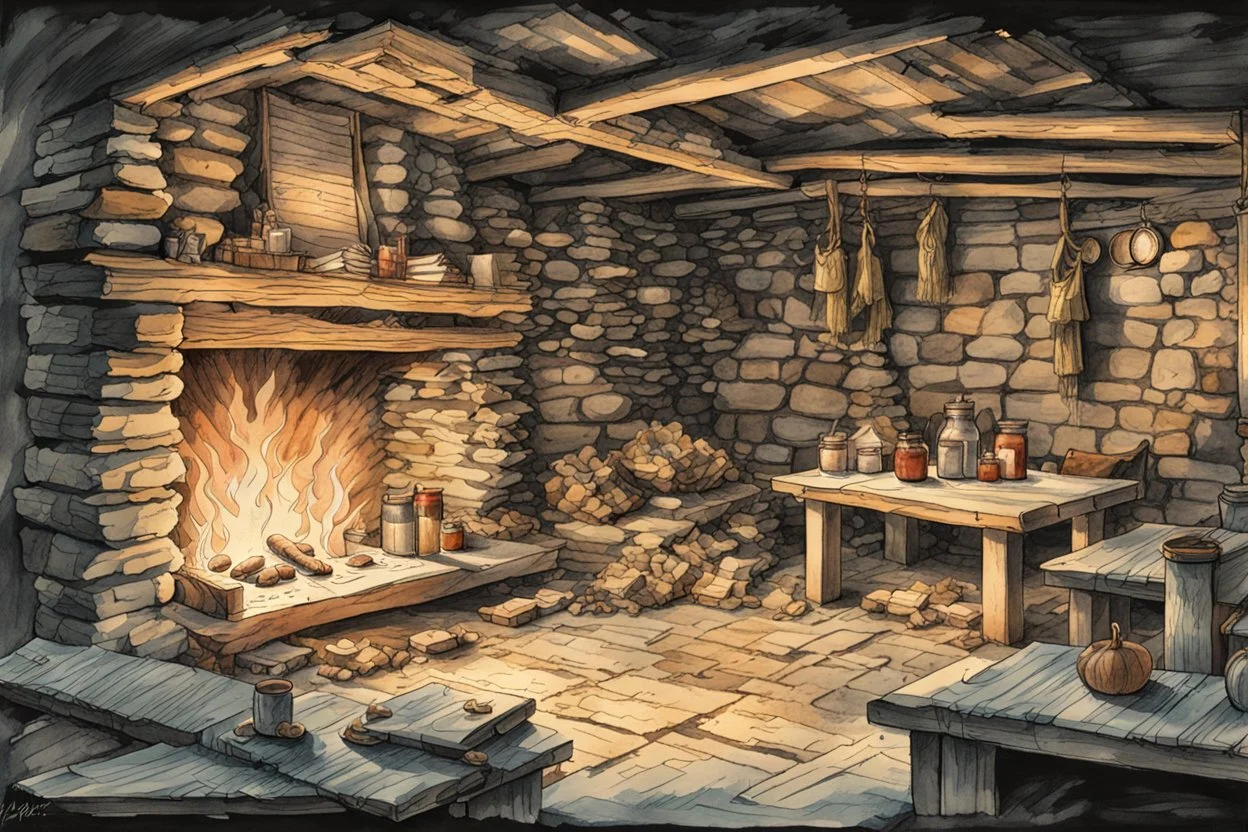 ink wash and watercolor illustration of the highly detailed, dark interior of an historically correct 18th century rough hewn New England clapboard cabin, with a dry laid stone hearth , rustic furniture , kitchen utensils, candles, hanging herbs , curing game meat, in the comic book style of Bill Sienkiewicz and Jean Giraud Moebius ,rich earth tone colors,