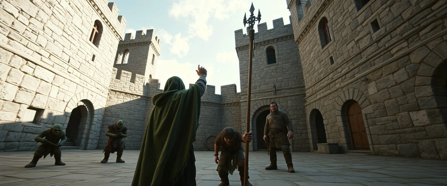 mintegrated_multimodal_description: [Shot 6] An eight-second cinematic fantasy scene in an ancient stone courtyard of a Forgotten Realms castle, late afternoon. Begin with a low wide establishing shot moving slowly forward toward a young wizard in a weathered green cloak and his adventuring companions, a rugged barbarian and cautious ranger. Two goblins approach in the background. The camera gently arcs around the wizard as he raises his staff and confidently begins a summoning spell. poster