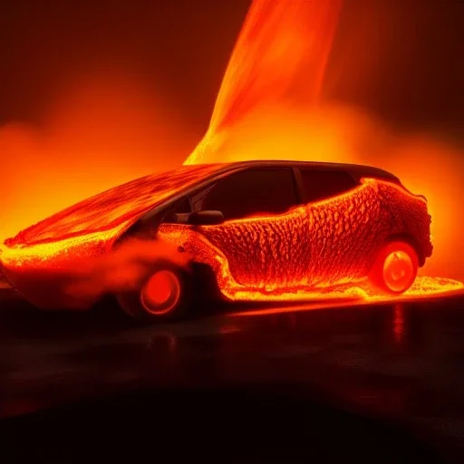 volumetric sweeping view of detailed shaded rendering of a car made of only molten lava, headlights, bumpers, whole car is lava